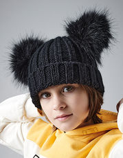 Junior Faux Fur Double Pom Pom Beanie