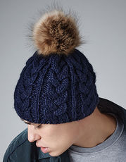 Faux Fur Pop Pom Cable Beanie