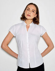 Kustom Kit - Tailored Fit Mandarin Collar Poplin Blouse Cap Sleeve White Black /Titelbild